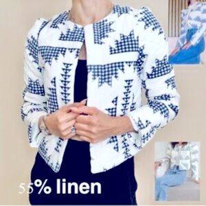 NWOT Caroline Constas Linen Blend Blue and White Cropped Quilted Jacket XS